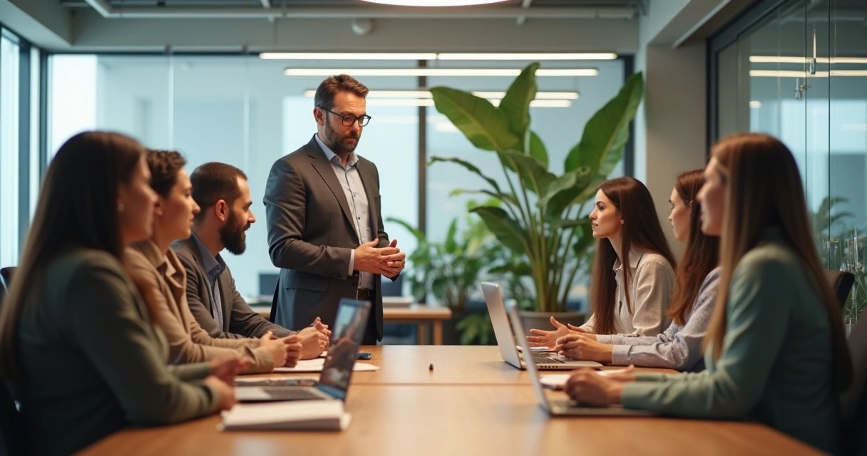 Leader setting a calm tone for a focused team discussion