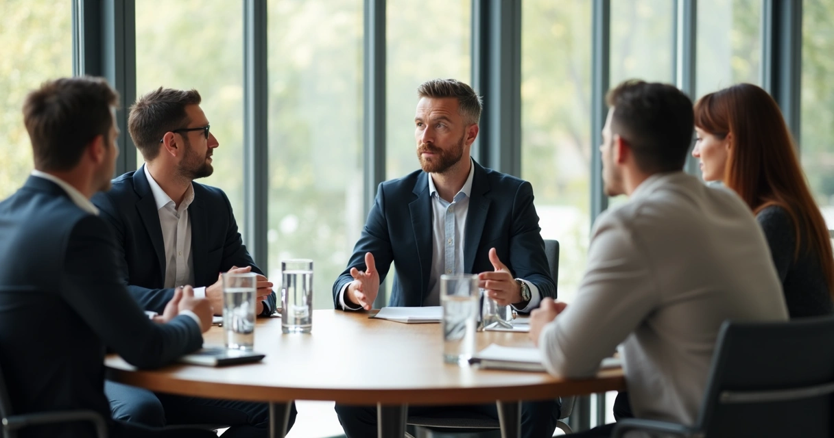 Leader speaking openly with team in a meeting room