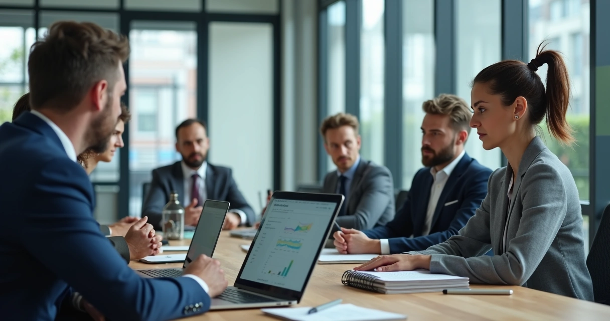 Leader observing a team meeting in a bright office 