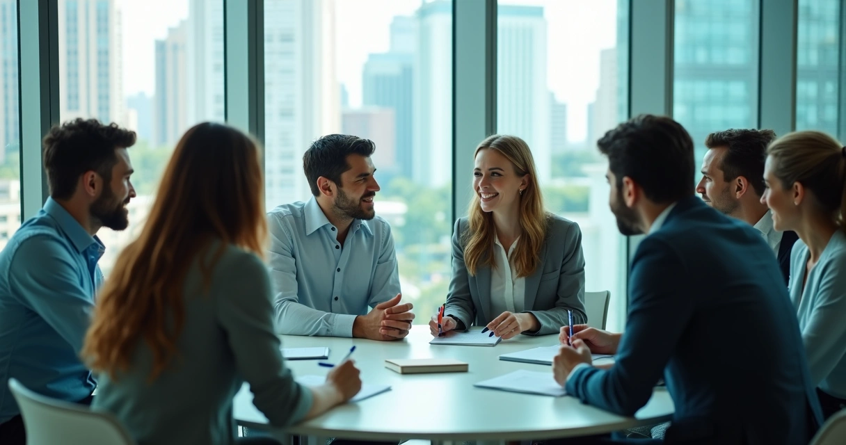 Leader and team in a meeting, everyone paying close attention, modern office
