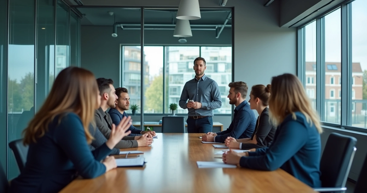 Leader speaking to a team in a meeting room 