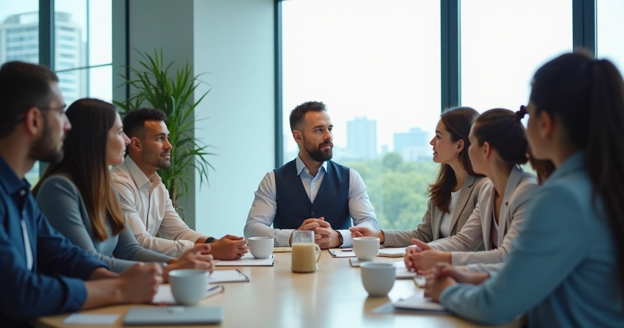Leader listening to team members in a modern meeting room 