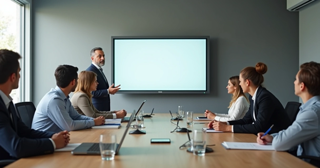 Leader speaking to a silent team in a meeting room