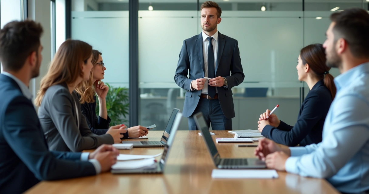 Leader speaking in a team meeting while others observe and take notes 