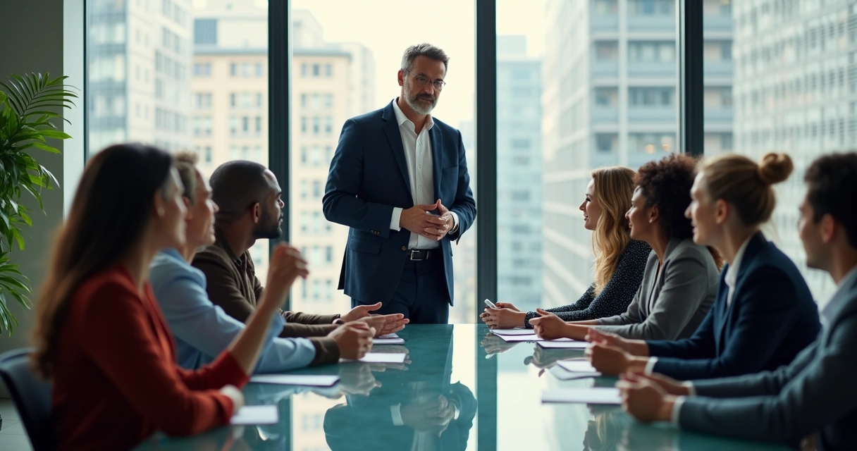 Manager leading open discussion with team members