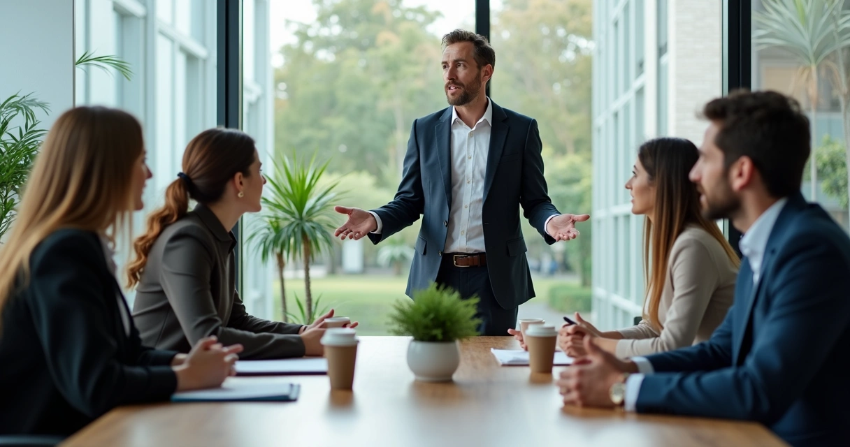 Team leader meeting with group, speaking and others listening with attention 