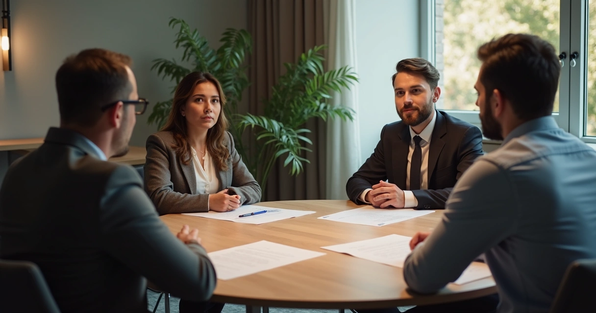 Team in reflective discussion around a table with warm office light