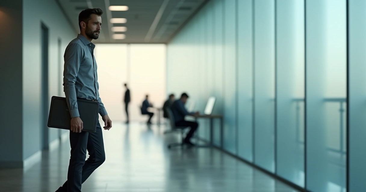 Leader walking past frosted glass windows showing stressed team silhouettes 