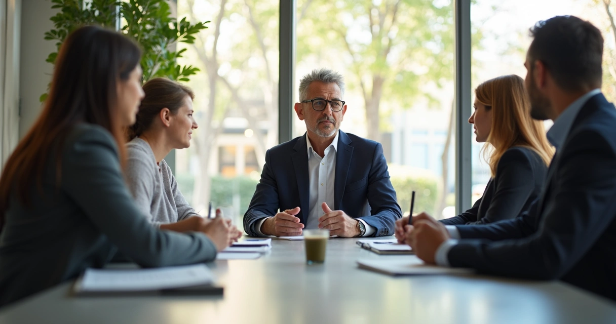 Leader in discussion with team around table 