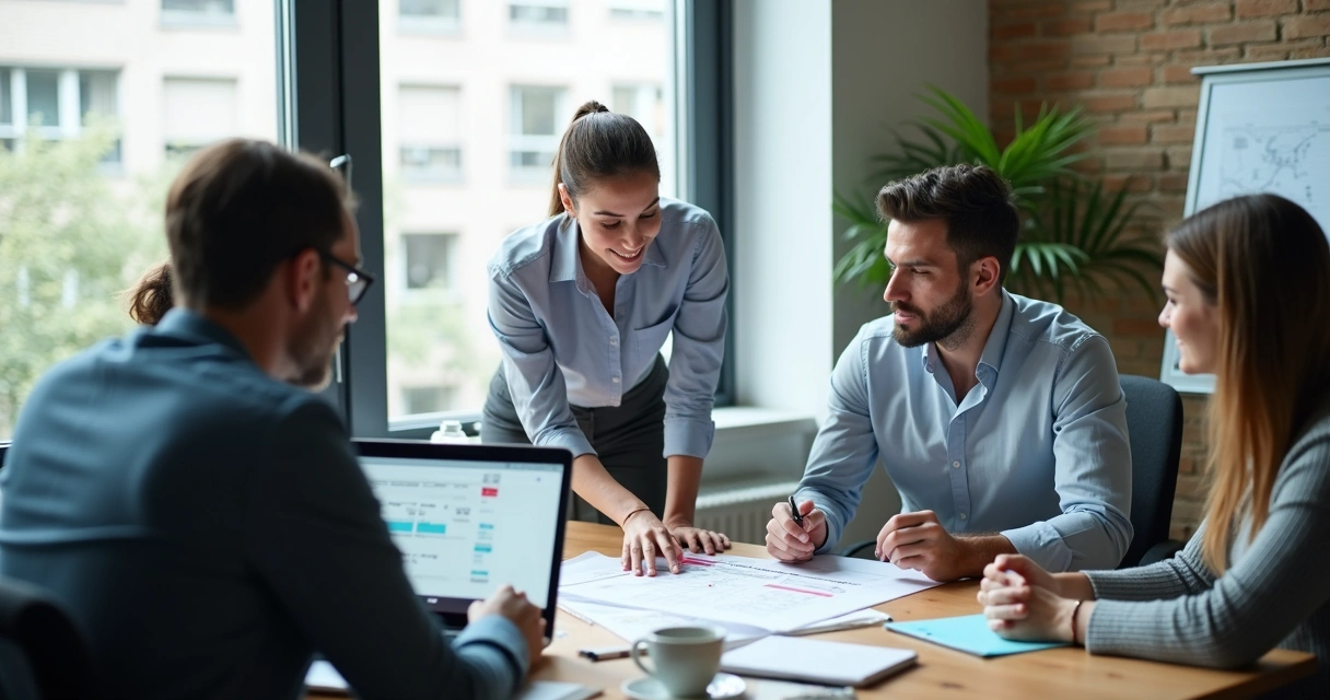 Leader reviewing tasks with team at a desk