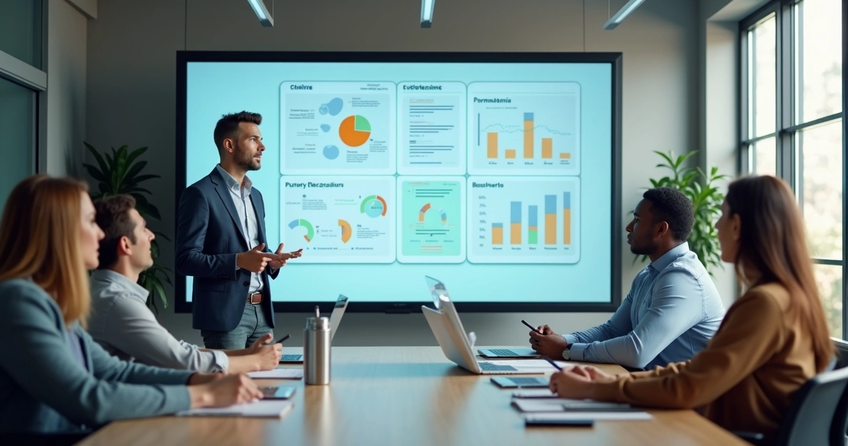 Leader and team discussing goals with transparent metrics on a screen 
