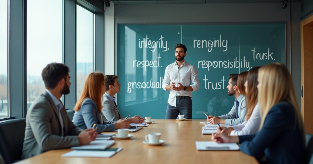 Leader guiding a team meeting with shared values on a glass board