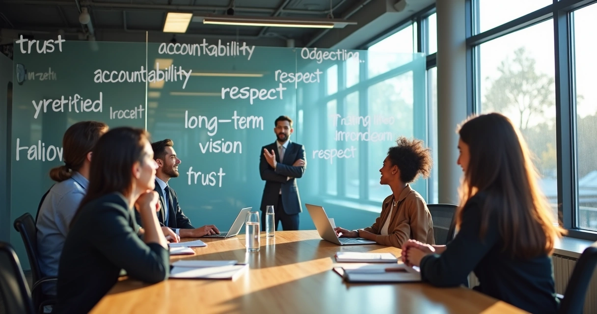 Leader guiding a team discussion around shared values in a meeting room 