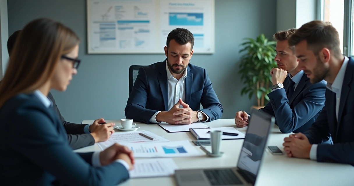 Leader sitting tense in a meeting while team members stay quiet