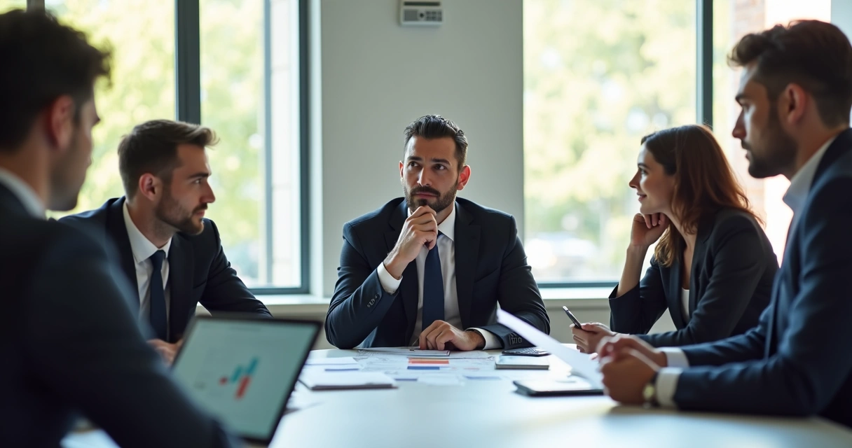 Leader reflecting with team in modern office