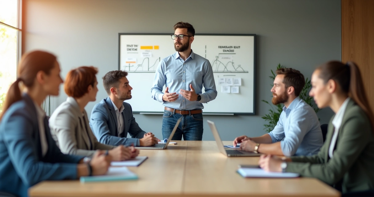 Leader speaking with diverse team in modern office while trust scale graphic floats above 