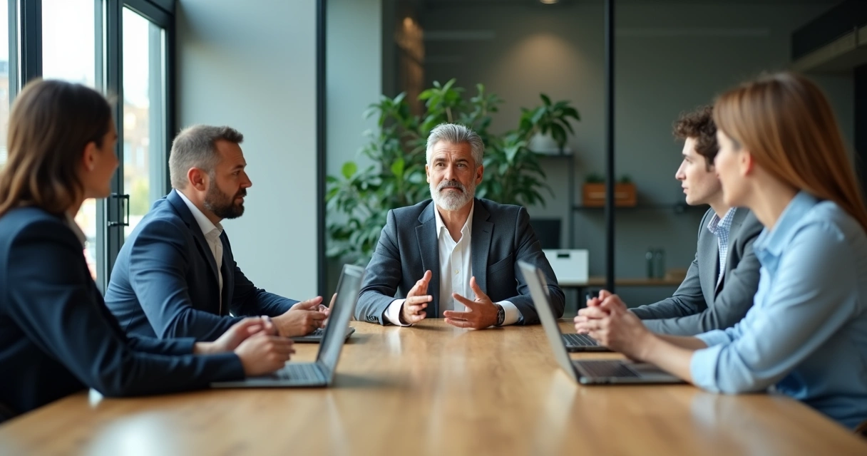Business leader addressing diverse team with subtle exclusion at meeting 