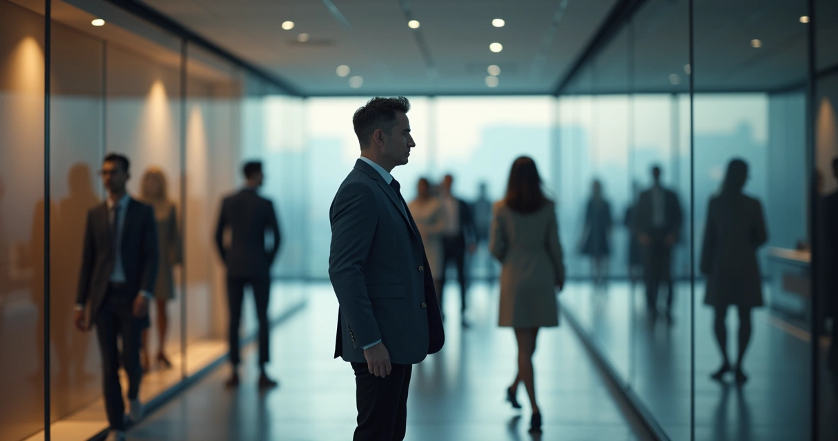 Leader facing office mirror with hidden bias shadows behind team 
