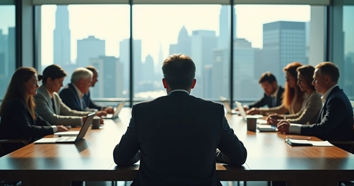 Business leader at head of table with shadow dividing diverse team 