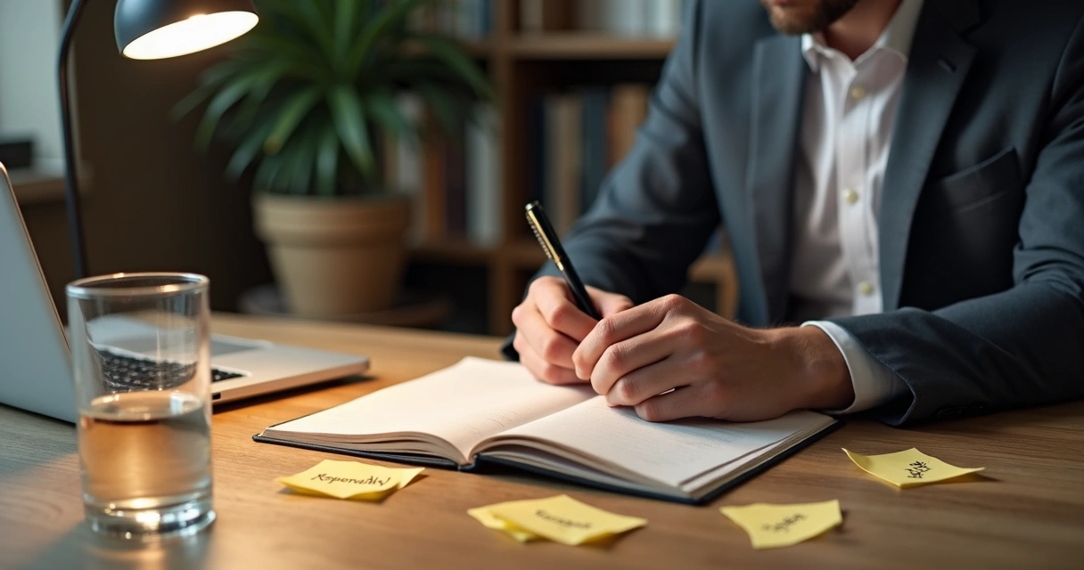 Leader writing values notes in a journal at a desk