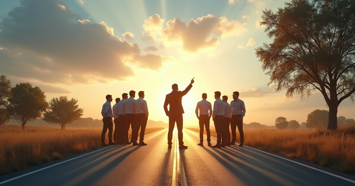 Leader standing at crossroads with team, vision ahead 