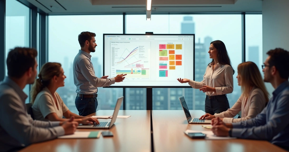 Leader guiding team discussion while facilitator supports collaborative dialogue 