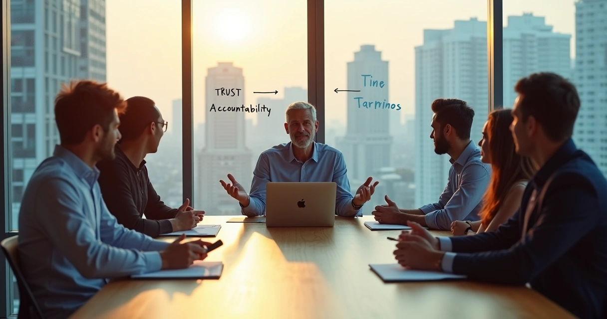 Leader sharing openly with team in a glass meeting room 