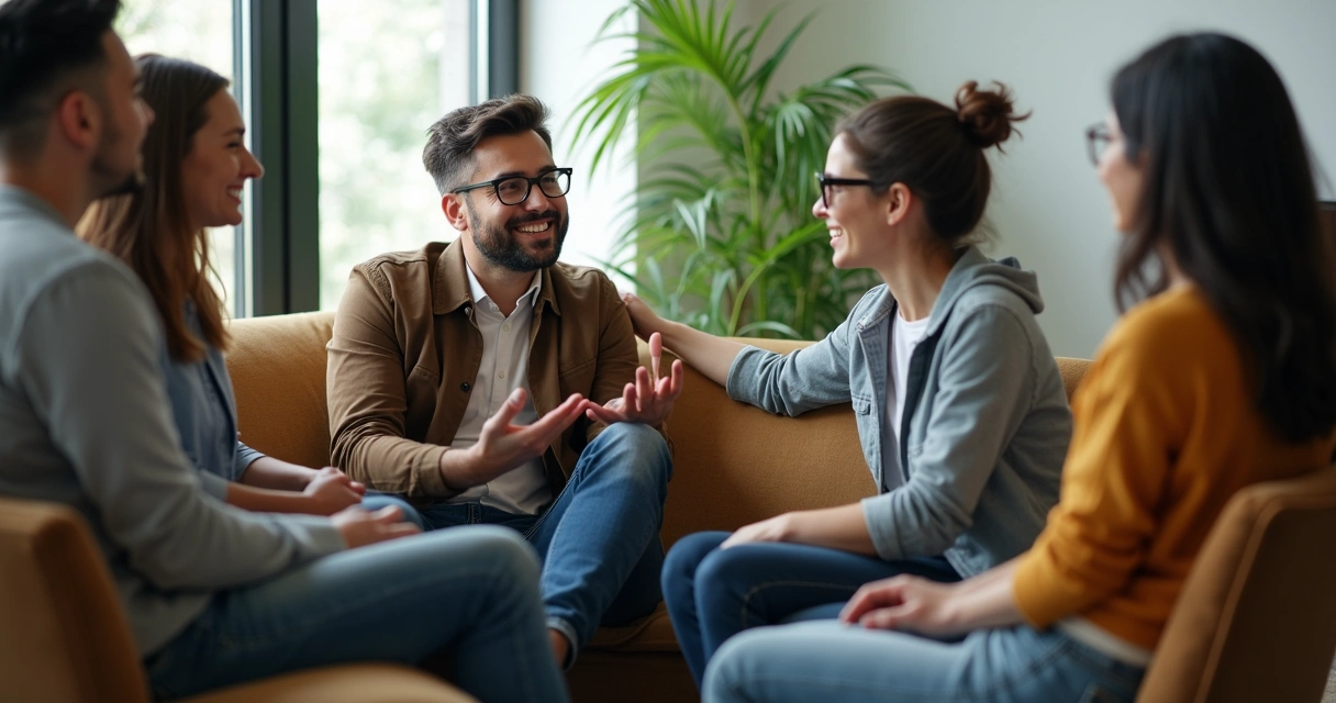 Leader sharing vulnerability with team in casual office setting 