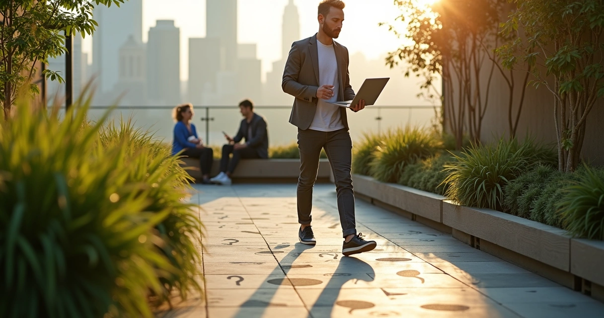 Executive walking along a winding path made of conversation icons 