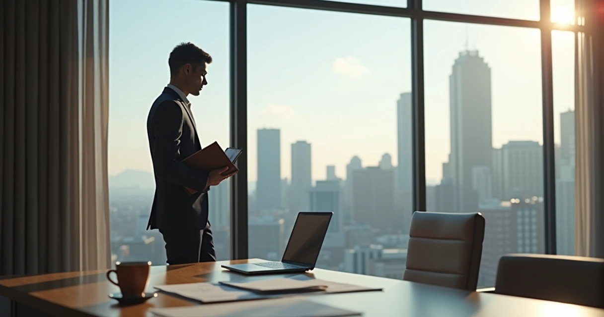 Leader reflecting by office window before a decision