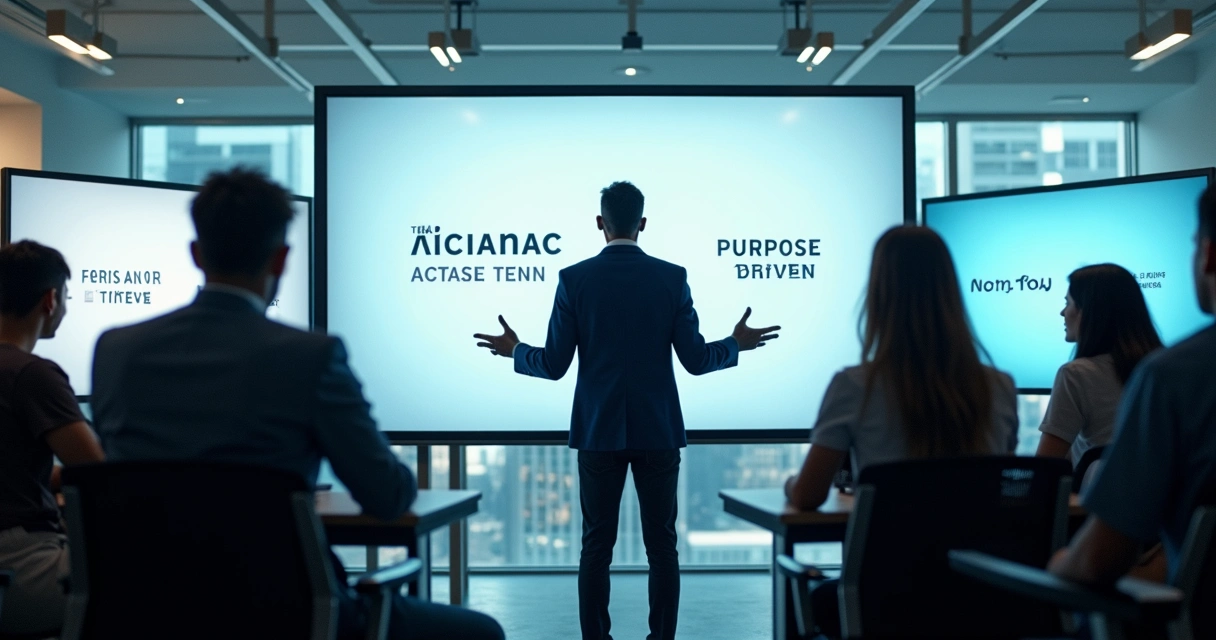 Leader standing confidently at the front of a modern office space with team focused on them 