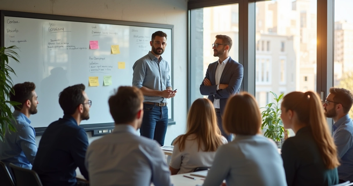 A leader listening attentively in a group discussion with team members 