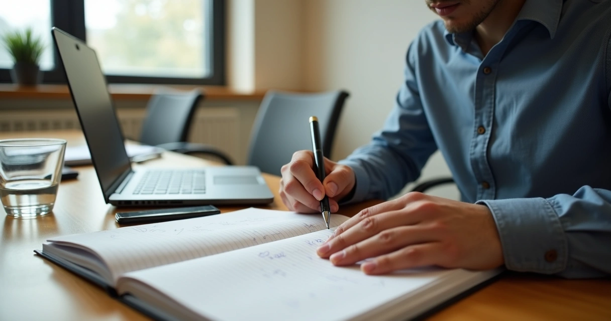 Leader writing in a journal at a desk after a meeting