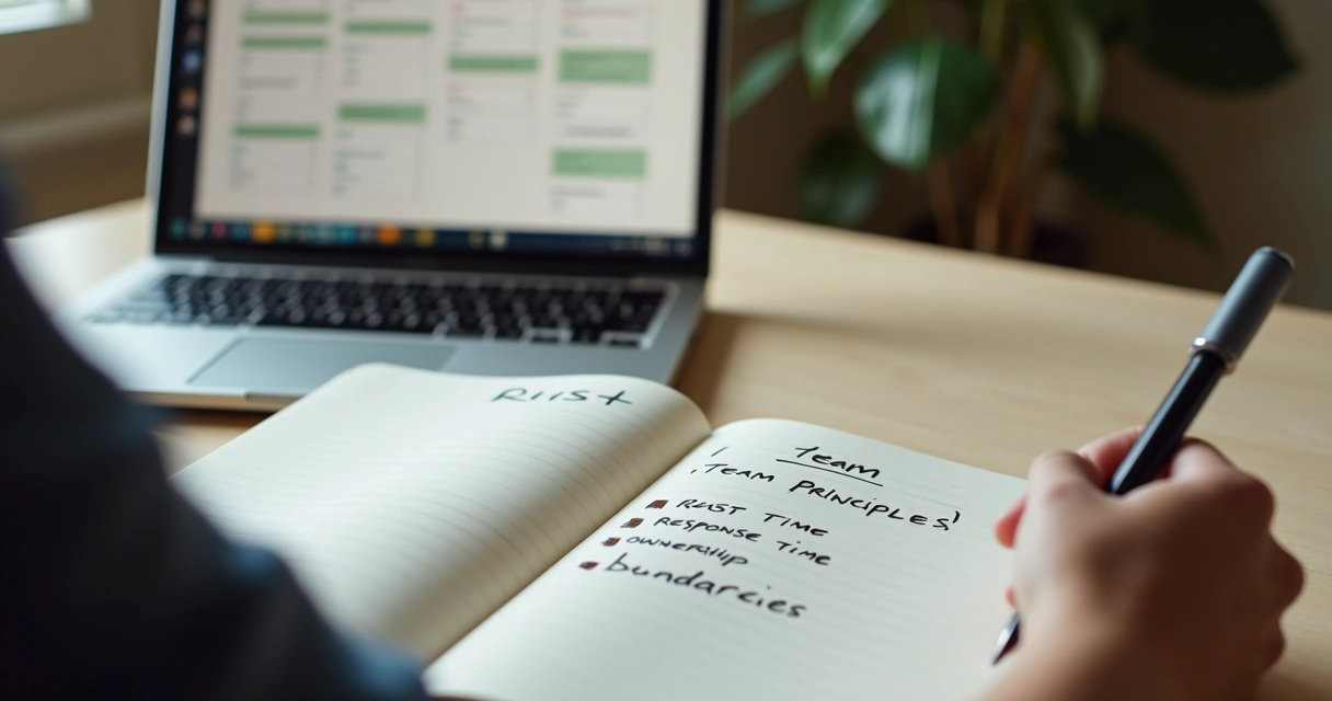 Leader writing team principles in a notebook during remote work 