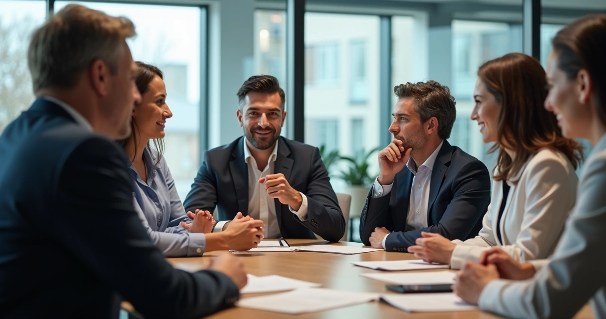 Business team of diverse leaders showing collaboration and emotional skills in a modern meeting room 