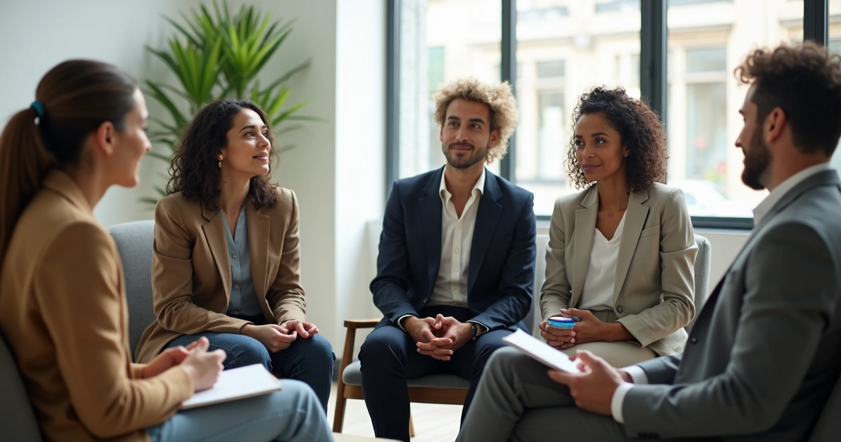 Diverse leaders sitting in a circle sharing openly in a bright modern office 