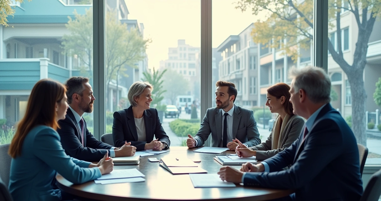 Leaders discussing impact on community around table 