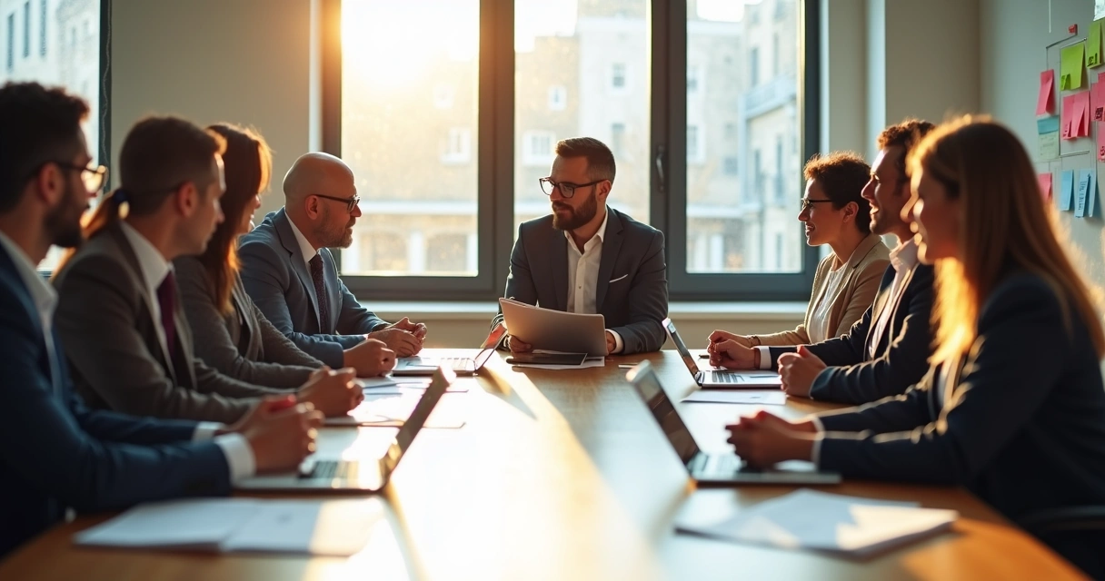 Business leaders around a conference table engaged in discussion