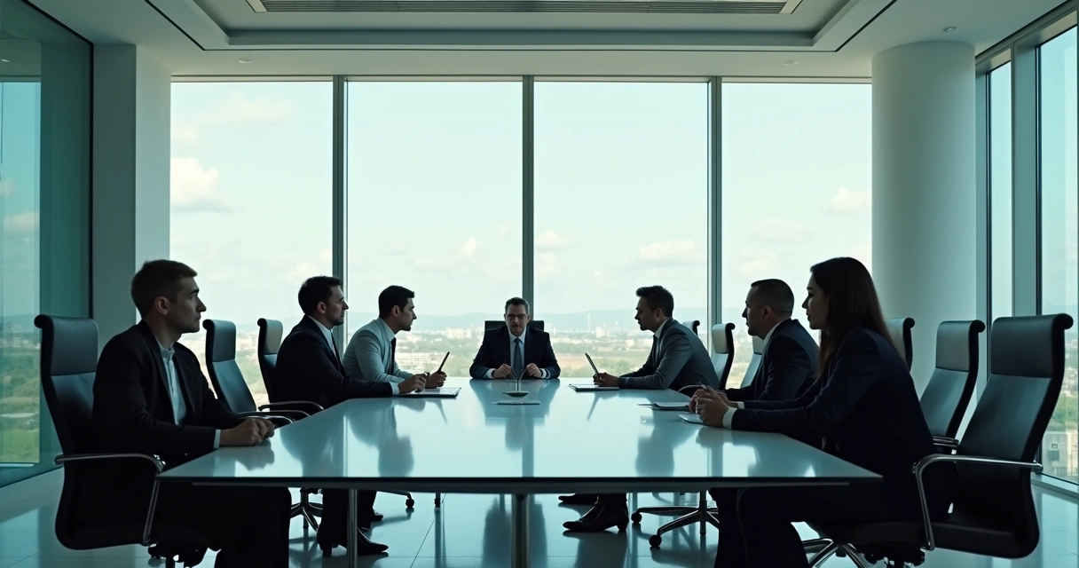 Large conference room with empty chairs at the head of the table, employees looking uncertain 