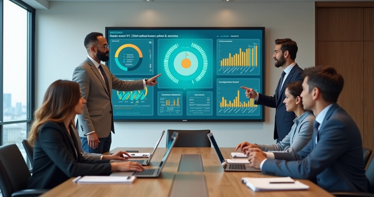 Leadership team reviewing human valuation metrics on a large digital dashboard 