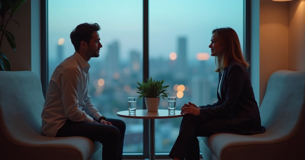 Two people quietly sharing a reflective pause by a large window 