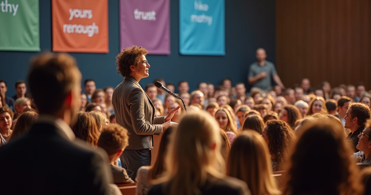 Leader speaking to large group with open body language, audience listens attentively