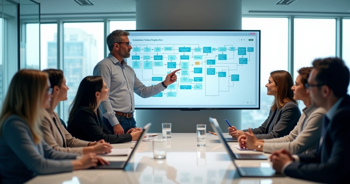 Leadership team studying subtle misalignments in an organizational flowchart 