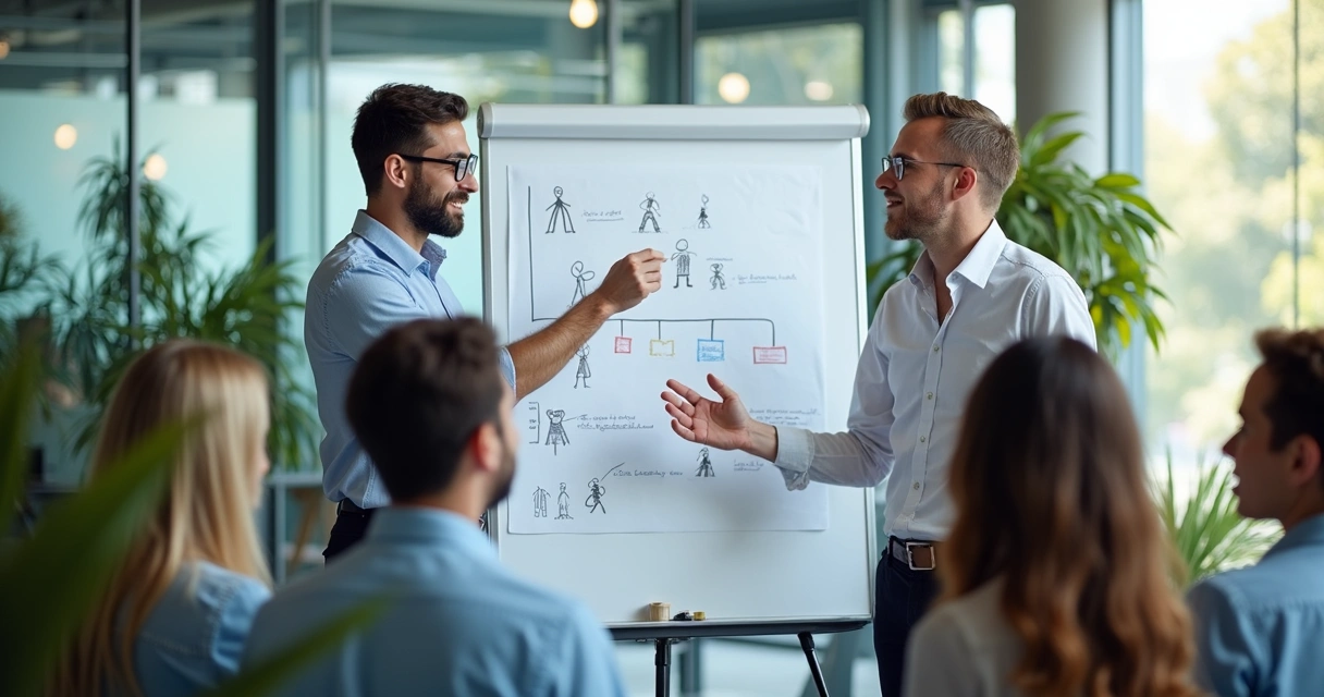 Leaders presenting a vision with a whiteboard