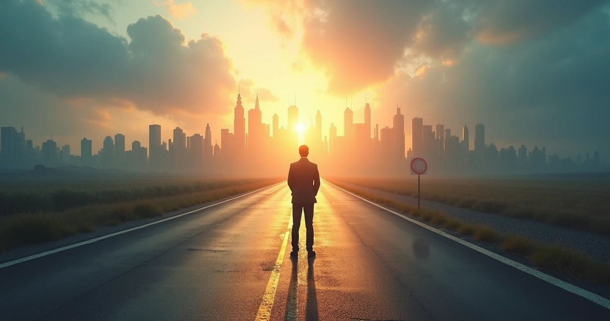 Person standing at crossroads with two paths, one shadowy and one brightly lit, both leading into a business district