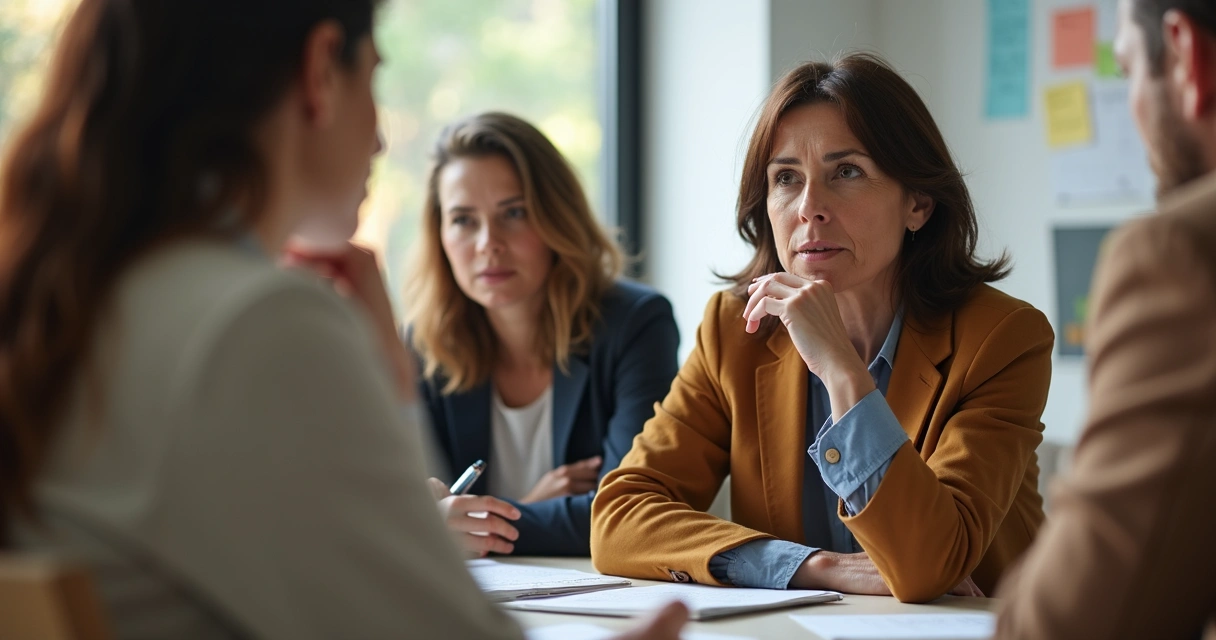 Diverse team pausing in discussion, leader looks thoughtful with visible pause 