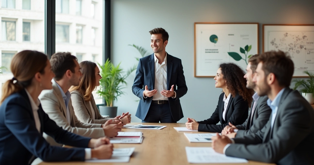 Team gathered in a modern office with a leader facilitating open discussion 