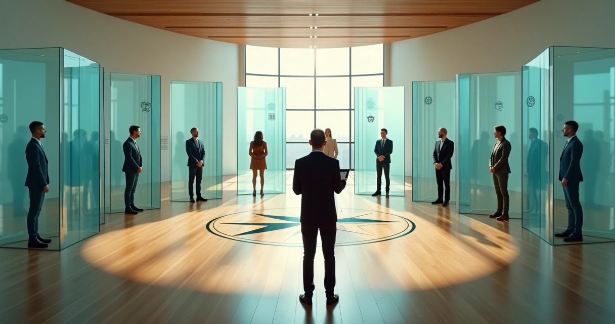 Circular room with diverse candidates seen through transparent selection filters 