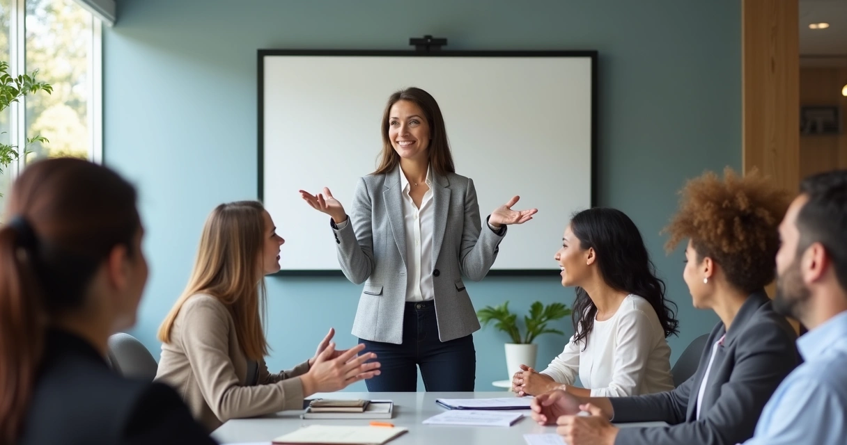 Professional leader using open posture and gestures during a team meeting