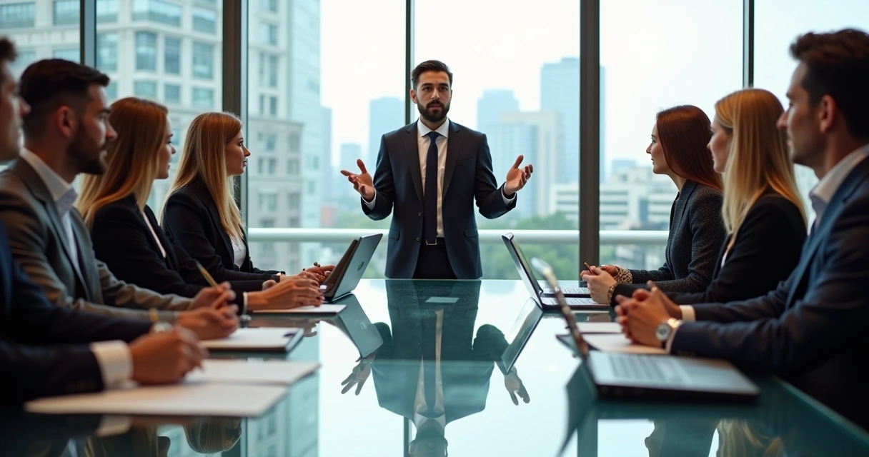 Team meeting around a table with a leader setting clear boundaries